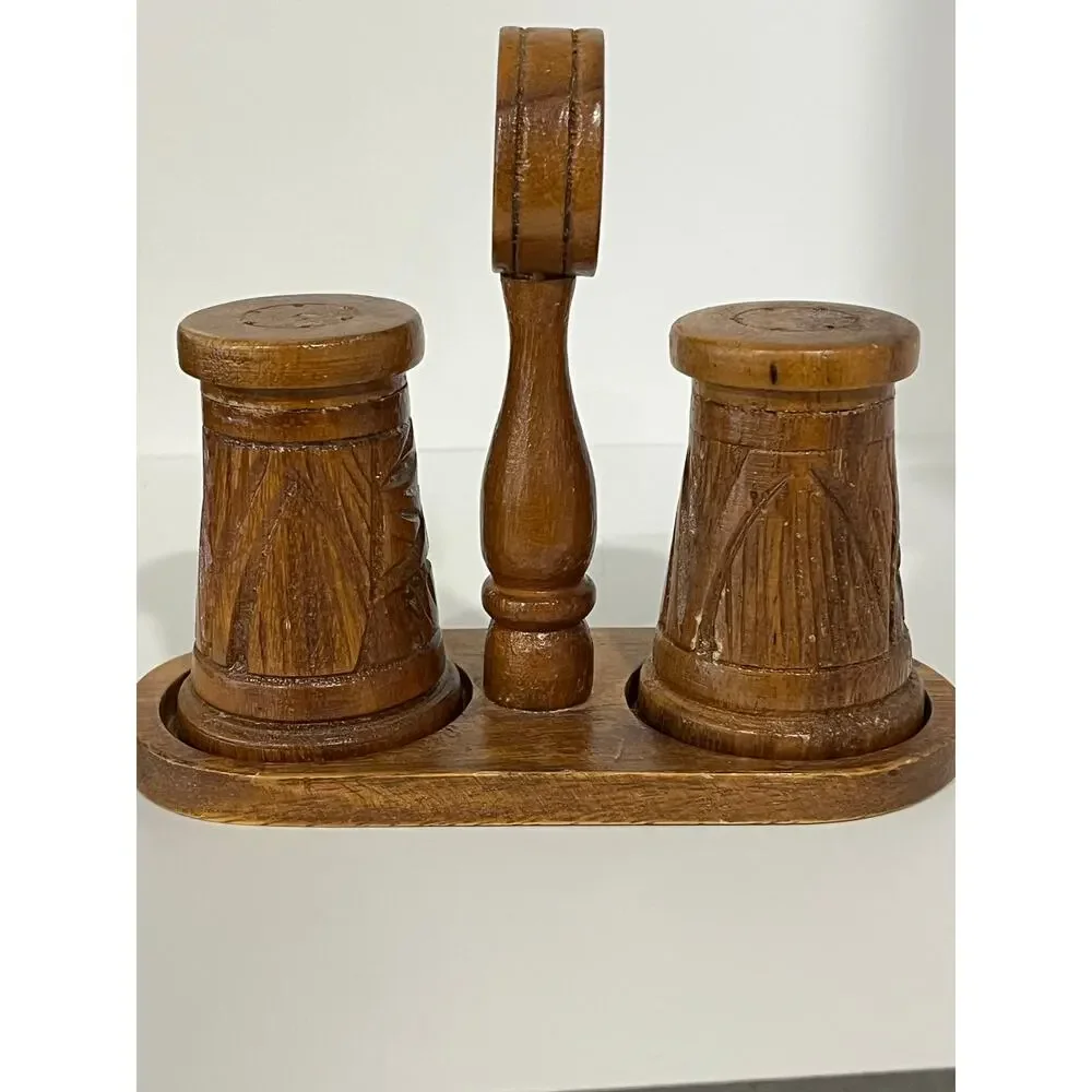 Vintage Hawaii Hardwoods Monkeypod Wood Salt Pepper Shaker Set‎ w Caddy Tiki MCM